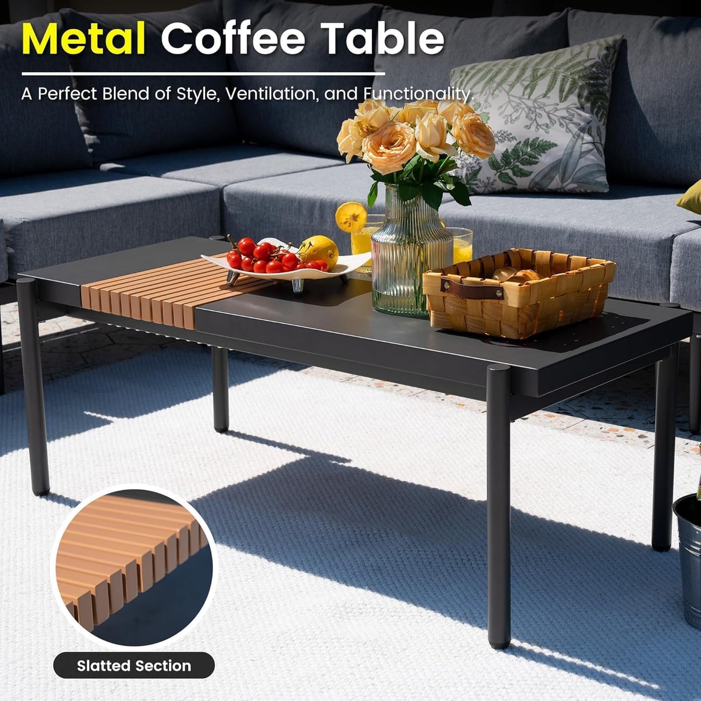 Sundale Outdoor 5 Pieces Metal Patio Furniture Set, Outdoor Sectional Sofa w/6 Inch Olefin Cushion and Coffee Table, Modern Outdoor Conversation Sets
