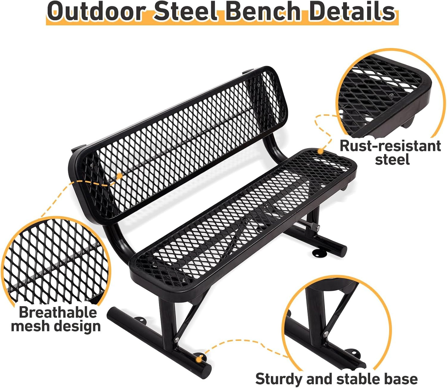 Thermoplastic Coated Iron Park Bench for Outside, Heavy Duty Metal Garden Bench, Expanded Commercial Grade Seating for Shopping Malls, Lawn Yard Porch Entryway (Black with Backrest, 48IN)