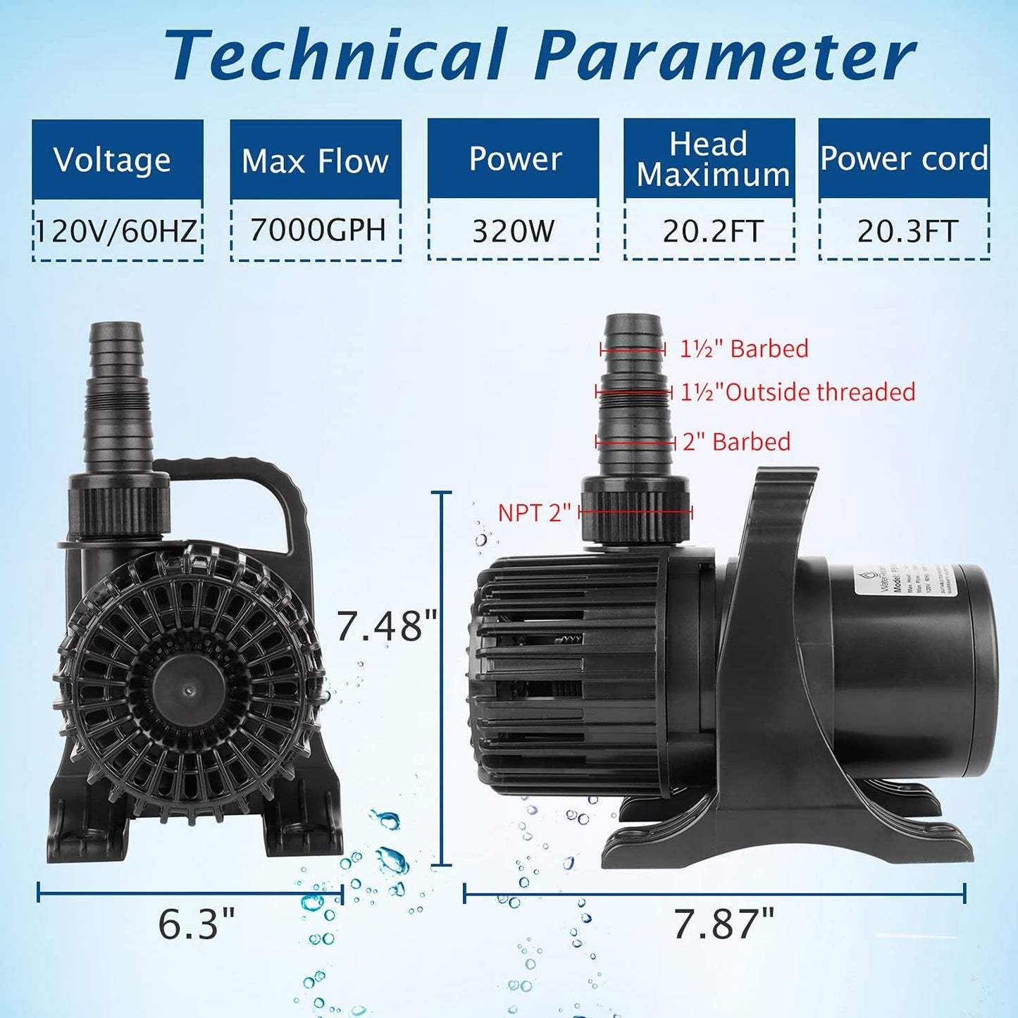 WaterRebirth (7000GPH-320W, UL listed) Large Fountain Submersible Water Pond Sump Pump Aquarium Electric Waterfall Pump Outdoor PS- 7000
