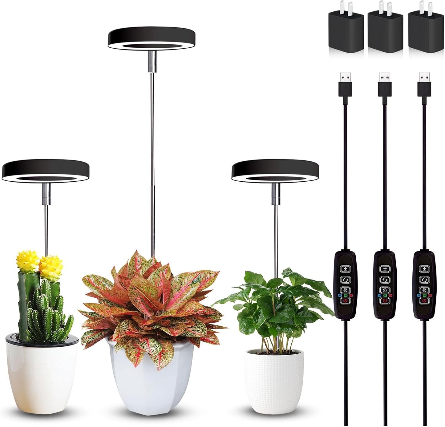 Grow Lights for Indoor Plants Small Potted - Full Spectrum, Auto 3/9/12H Timer, 10-Level Dimming & Adjustable Height - Compact Grow Light for Succulents, Herbs, Foliage in Home/Office (Black,3PACKS)
