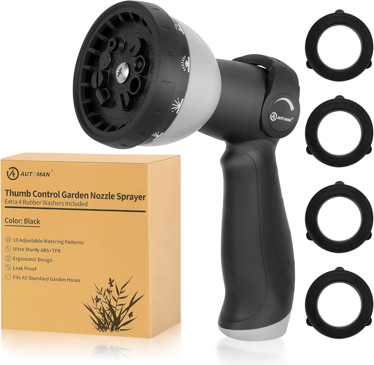 AUTOMAN Garden Hose Nozzle - 10 Adjustable Spray Patterns, Thumb Flow Control Hose Sprayer, Water Hose Spray Nozzle for Plants Watering, Car Washing, Window Cleaning, Pets Bathing, Outdoor Fun, Black