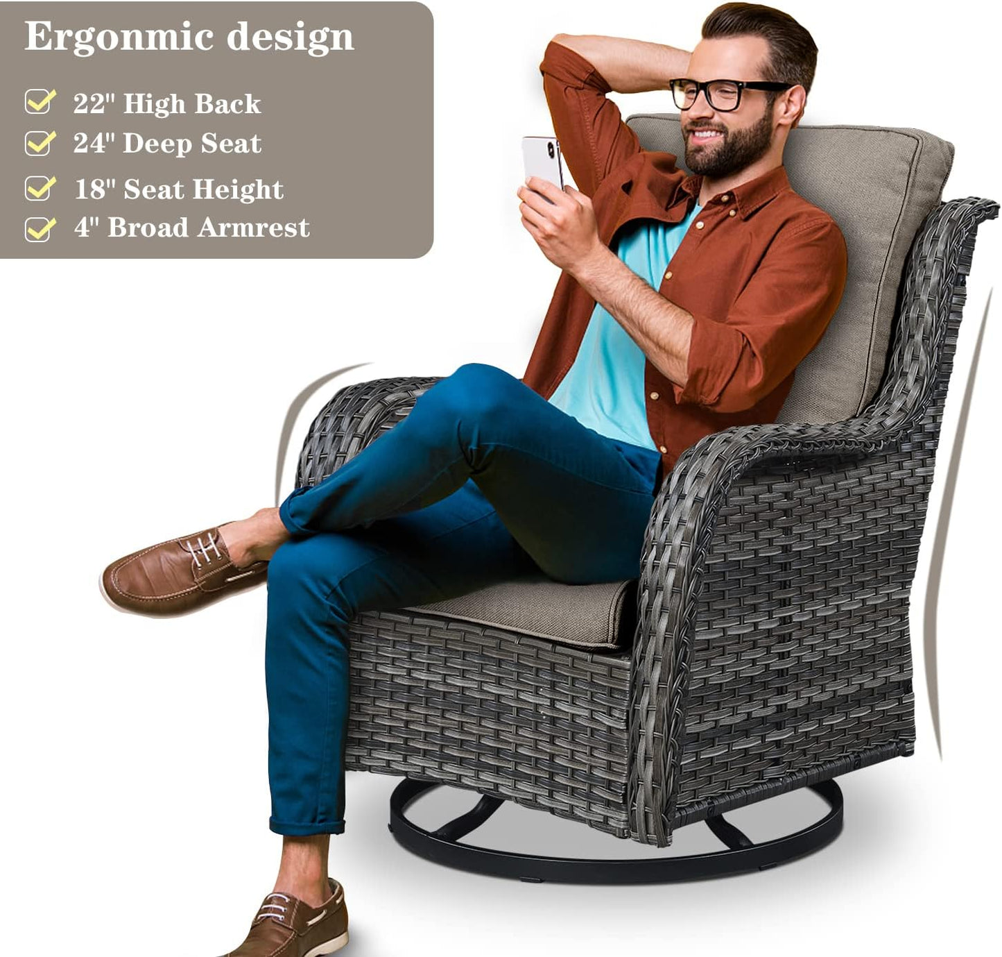 Outdoor Furniture Sectional Sofa L Shaped Couch - Patio Wicker Set with 2 Swivel Glider Chairs, 5 Piece Rattan Patio Conversation Sets with Gray Cushion for Deck Backyard Sunroom