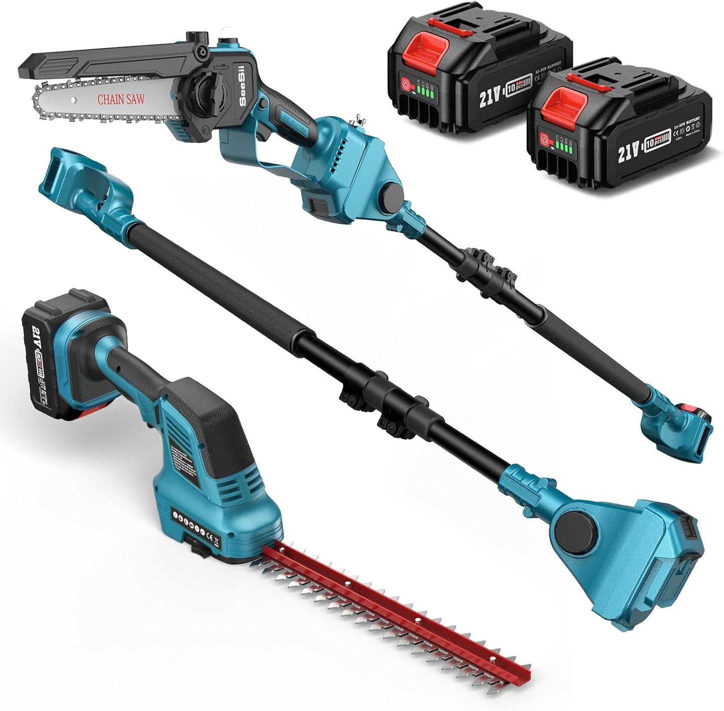 SEESII 6-in-1 Cordless Pole Saw & Hedge Trimmer Grass Shears Combo Kit, Electric Mini Chainsaw with 2×4.0 Ah Batteries, Extension Tree Pruner, Bush Trimmer Limb Branch Cutter, 16ft Long Reach