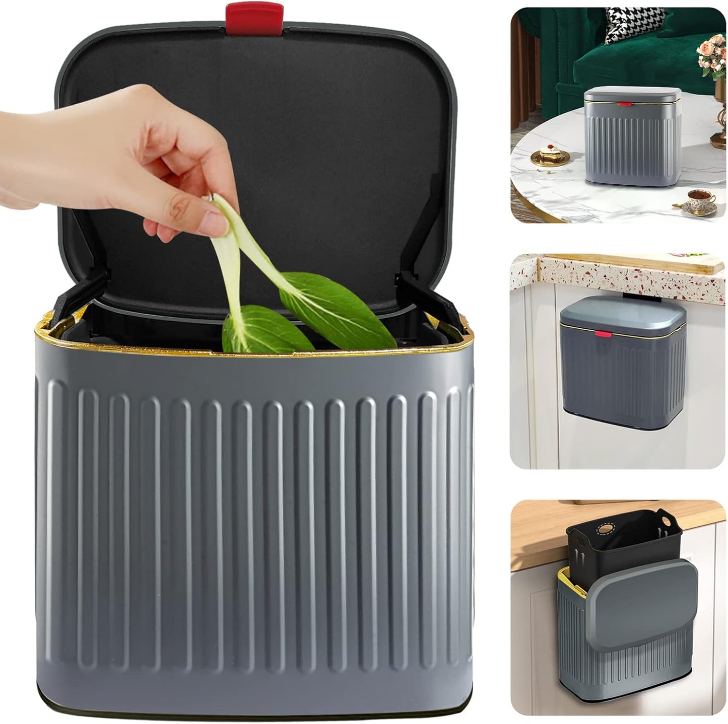 GloDeals Compost Bin, Detachable and Countertop Bin, 4 Liter / 1.06 Gallon, Stainless Steel Small Trash Can with Lid, Kitchen Compost Bin Under Sink Cabinet Hanging Trash Can for Kitchen(Dark Grey)