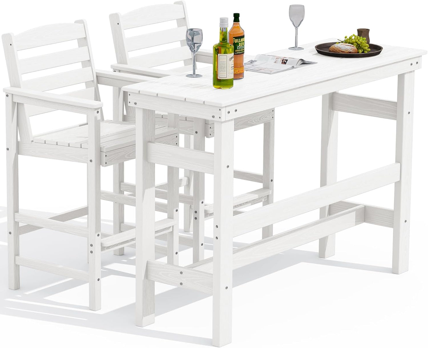SERWALL All Weather HDPE Outdoor Patio Bar Set, Outdoor Bar Table and Chairs Set, Adirondack Bar Chairs Set of 2 and Bar Height Table, Outdoor Furniture for Outside, Poolside, Backyard, Garden, White
