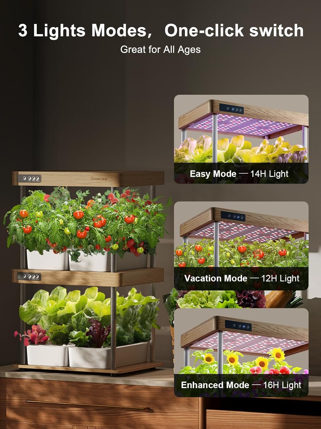 GROWNEER HydroEasy1.0 Hydroponics Growing System Kit, Beginner-Friendly Indoor Garden for Vegetable Fruit Herb, Red Oak Design, Perfect Gift Idea, Full-Spectrum LED Lights for Maximum Growth