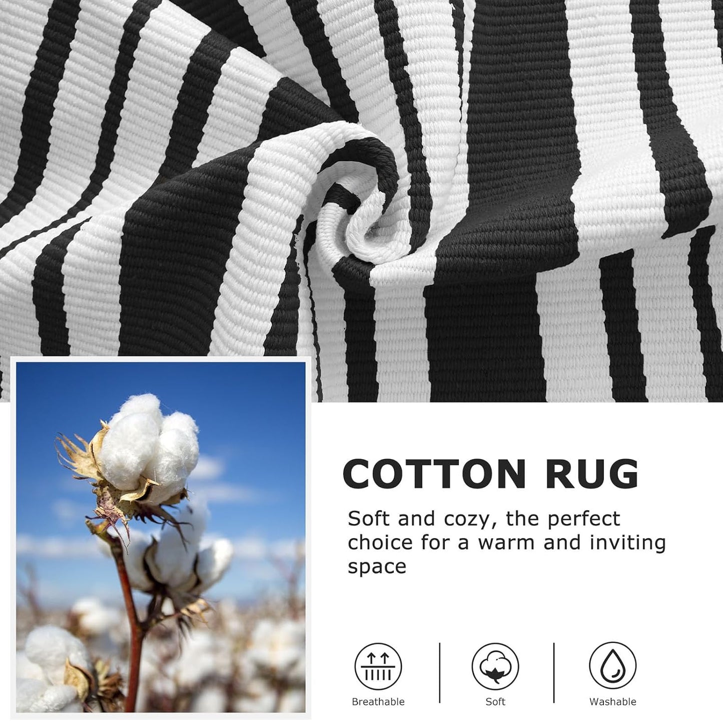 IOHOUZE Black and White Striped Rug 3'x5' Front Door Rugs Outdoor, Washable Area Rug for Front Porch, Spring Summer Doormats Outdoor Indoor, Cotton Rugs for Entryway Porch Entrance