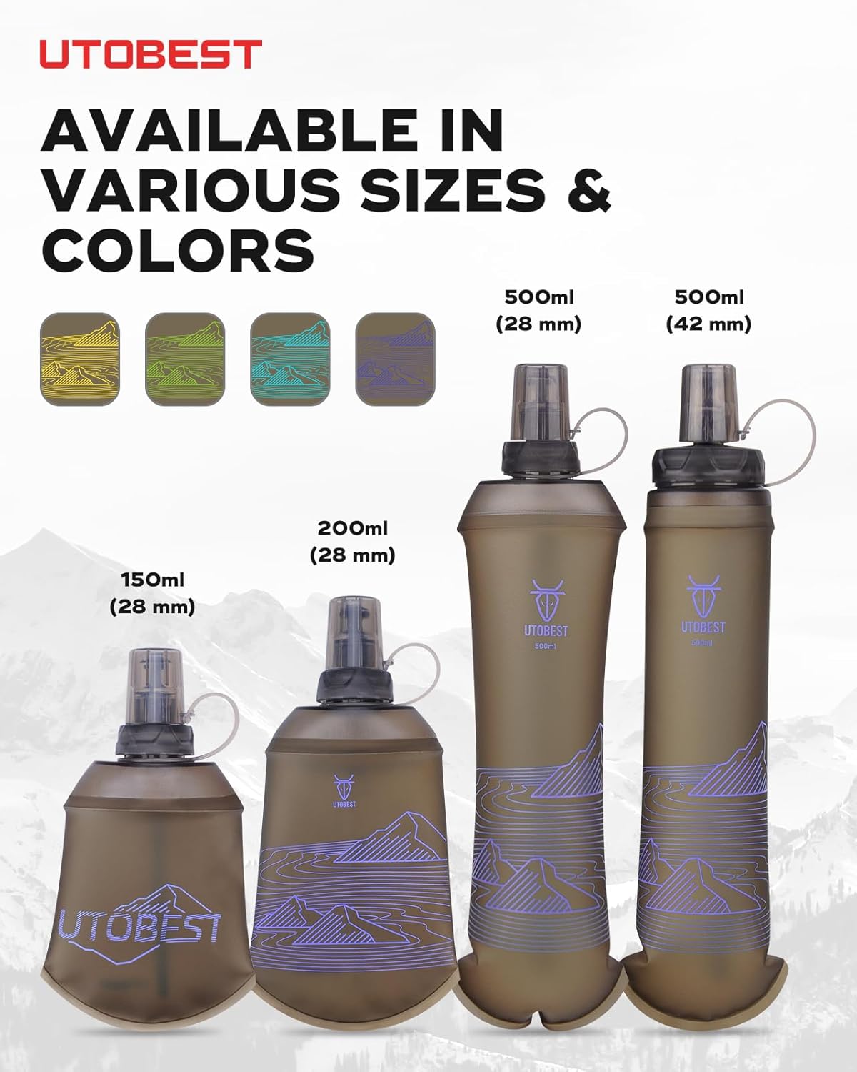 UTOBEST 200ml Soft Flask, 2 Pack Flexible TPU Hydration Water Bottle, Collapsible with 28mm Caliber for Running, Hiking, Cycling, Climbing, and Marathon Purple