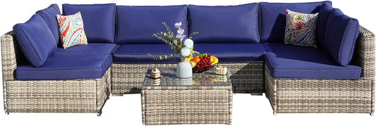 7-Piece Patio Furniture Set - Outdoor Sectional Sofa Set with Cushions and Glass-Top Coffee Table for Gardens, Poolside, Backyards and Porches, Grey/Navy Blue