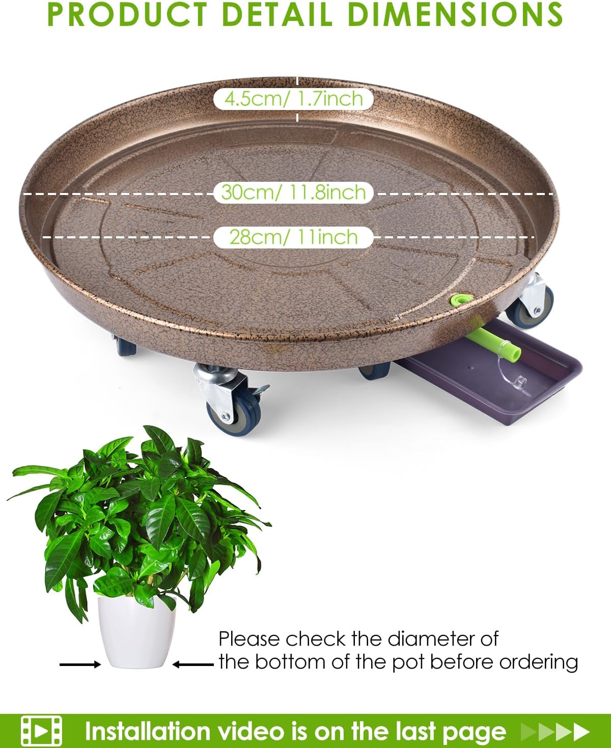 PACETAP 2Pack 11.8'' Large Plant Stand with Lockable Wheels, Heavy-Duty Plant Caddy with Casters for Indoor and Outdoor, Round Rolling Garden Pot Mover to Carry Potted Flower Pot