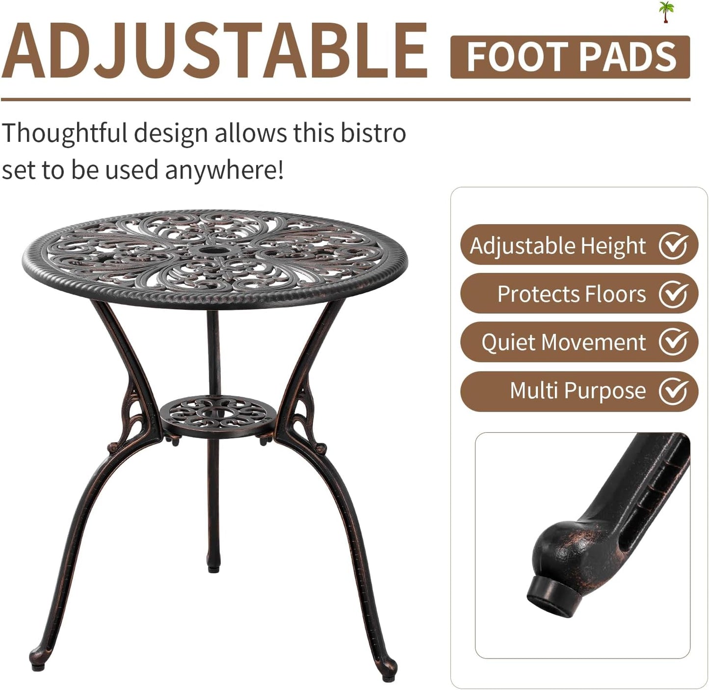 Outdoor Bistro Set 3 Piece, Patio Bistro Set, Cast Aluminum Bistro Set, Patio Table Set with 1.97" Umbrella Hole for Yard, Deck, Front Porch