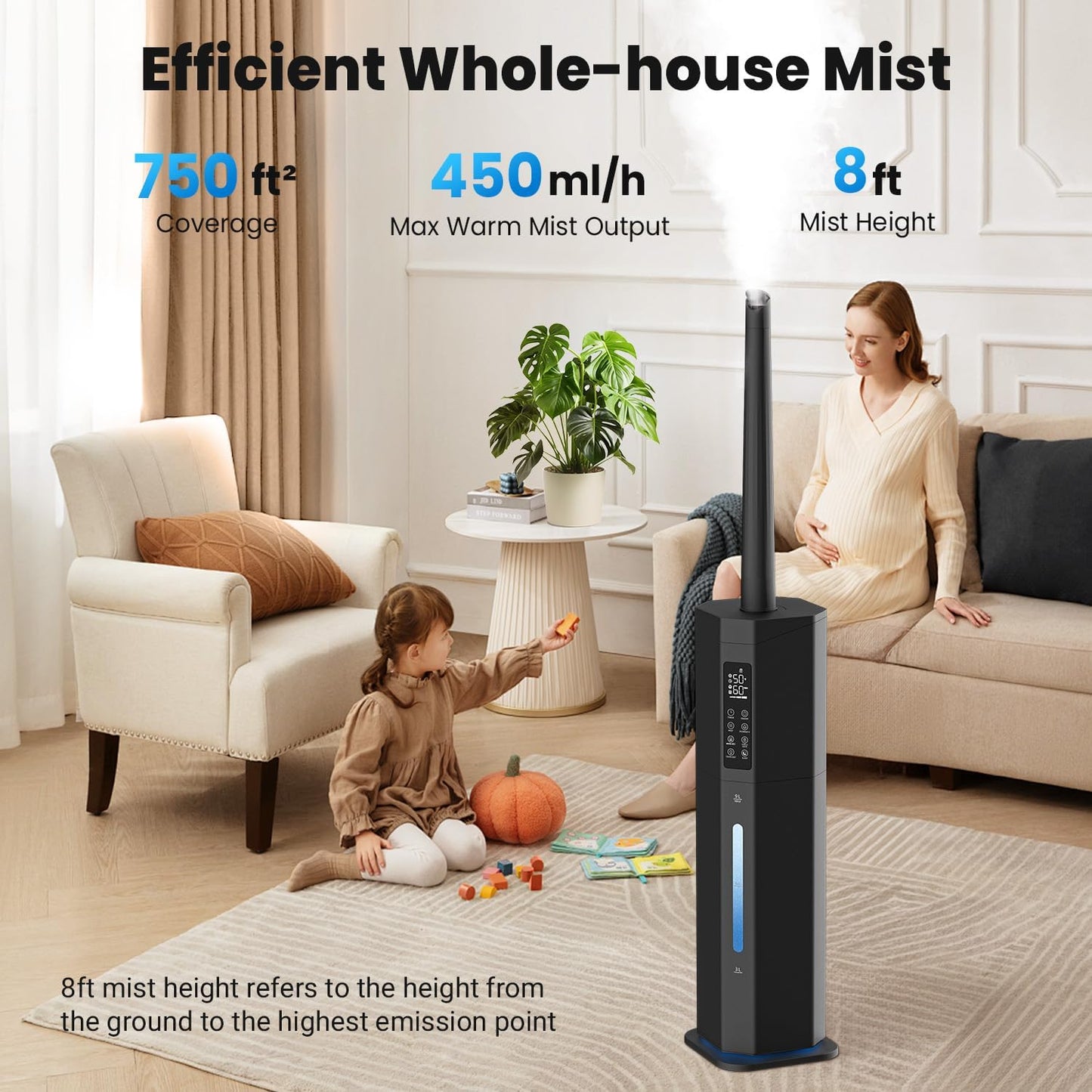 Humidifiers for Bedroom - GloryAir 2.38Gal/9L Top Fill Warm & Cool Mist Humidifier for Large Room 750ft² with Auto Mode 7-Color Light, Humidistat, Quiet Humidifier for Plants Baby Adults Home & Office