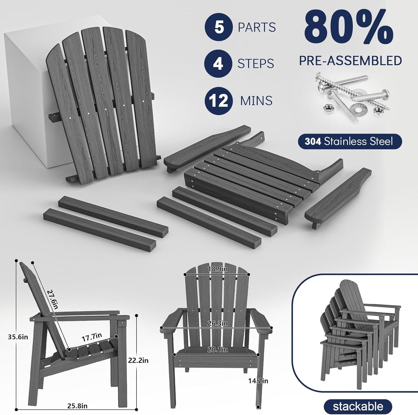 Stackable Adirondack Chair, HDPE Outdoor Patio Chair - Durable and Space Saving, Suitable for Porches, Lawns or Garden, Grey