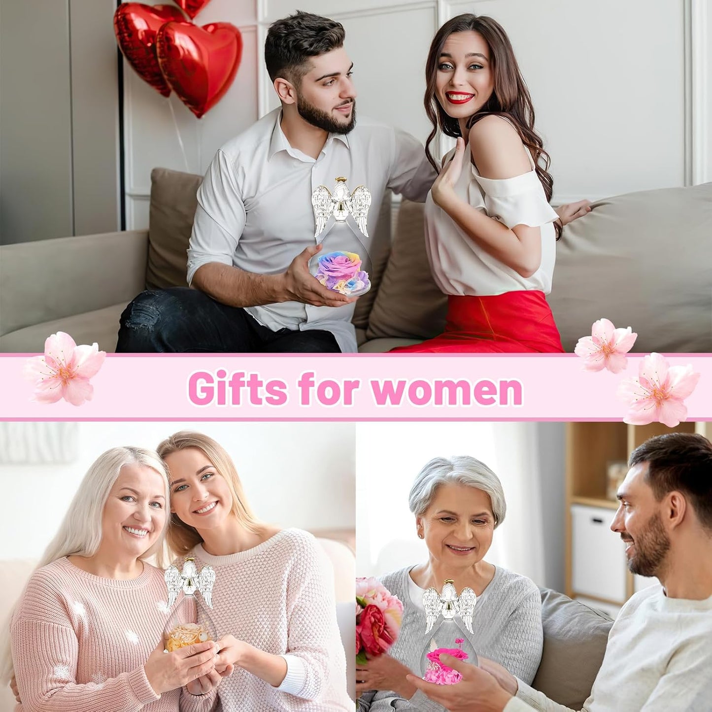 Yamonic Angel Figurine with Preserved Rose, Champagne, Gifts for Mom Grandma, Mothers Day, Christmas, Anniversary, Birthday