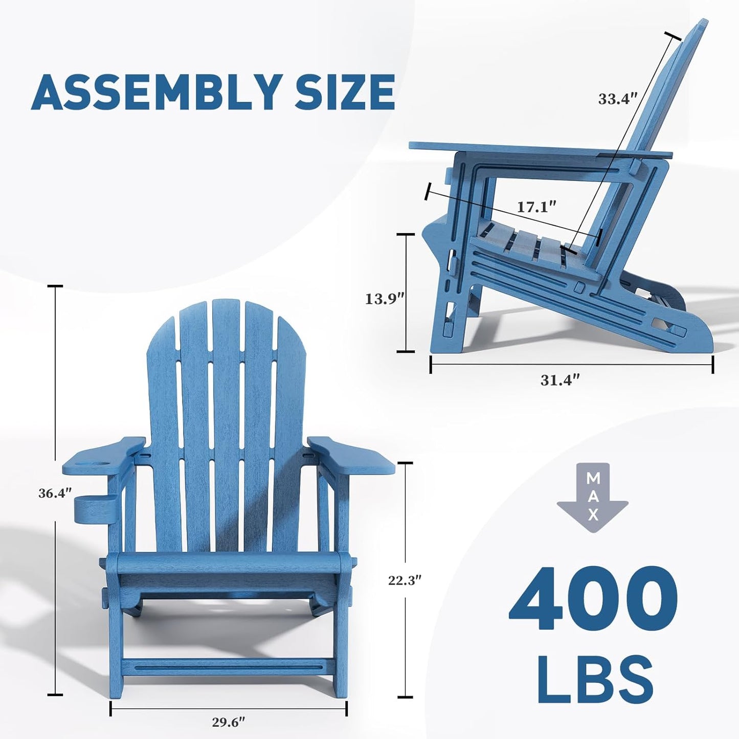 Adirondack Chairs Set of 2, Tool-Free Assembly All-Weather Plastic Adirondack Chairs, HDPE Fire Pit Chairs with Cup Holder, Outdoor Chair for Patio Garden (Blue)