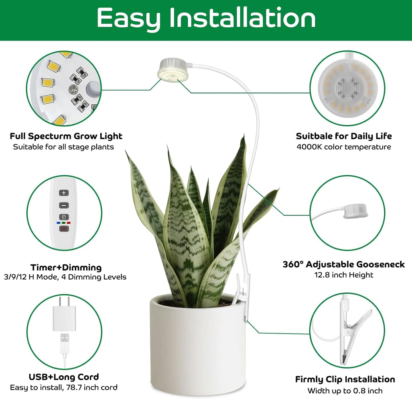 LED Grow Light for Indoor Plants, Full Spectrum Clip On Plant Growing Lamp, Plant Lamp with Adjustable Gooseneck and 10 Level Brightness Dimmable 3/9/12 hrs Auto On/Off Timer (1 Pack)