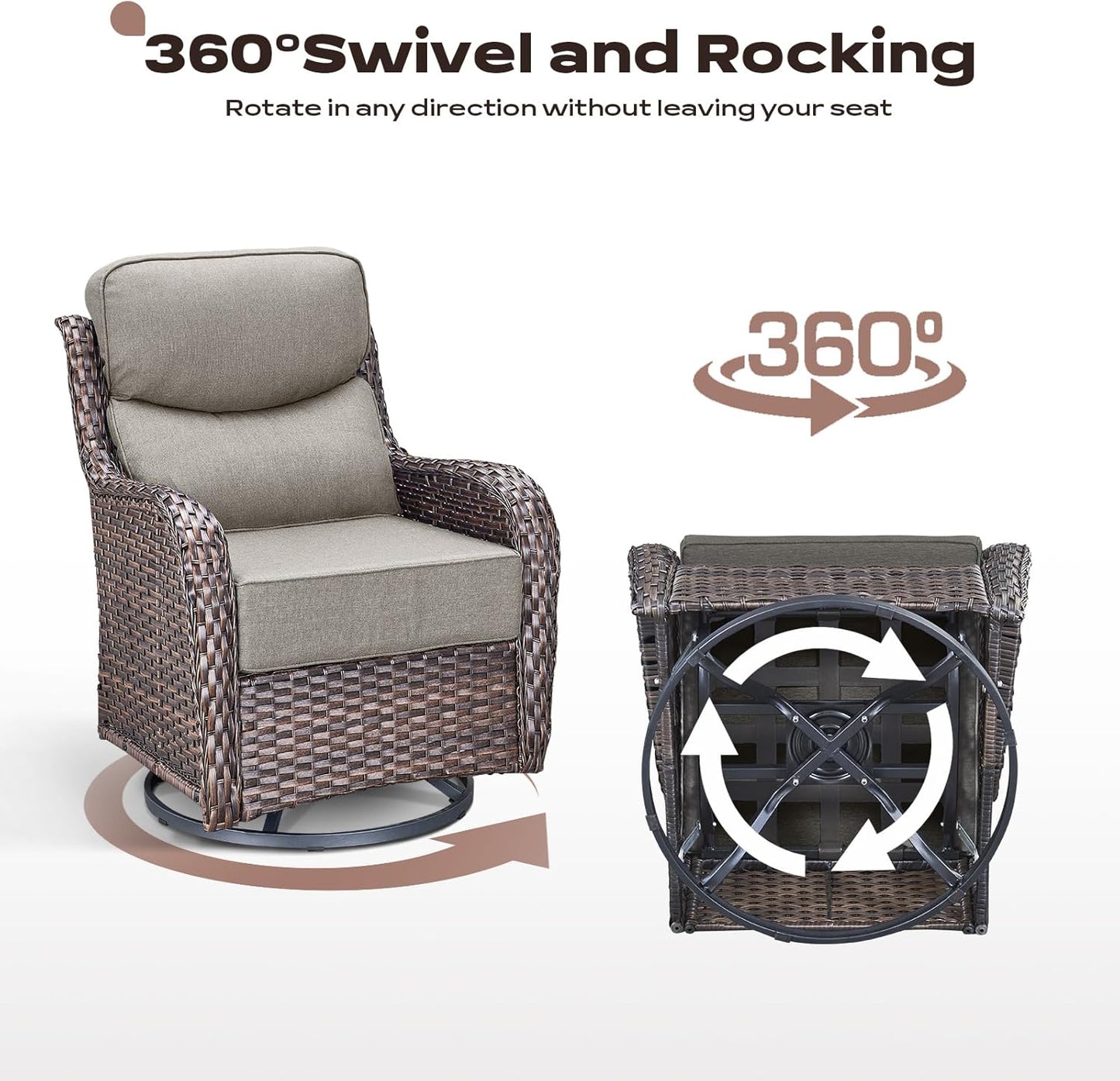 Outdoor Patio Swivel Rocker Chairs Set of 2, Waterproof Wicker, High Back, Deep Seating, Wide Armrest, Upgraded 6 inch Thick Cushions, Side Table, Ideal for Deck Porch Yard, Brown/Beige