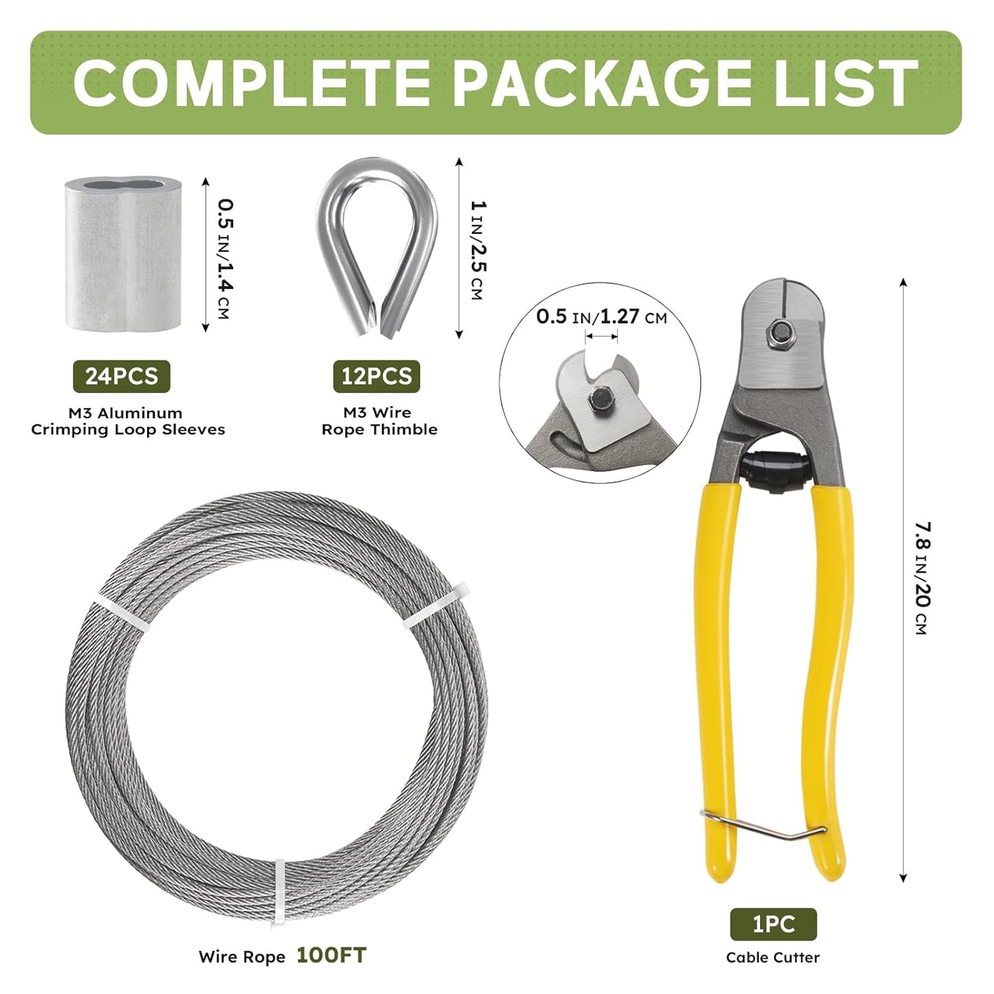 1/8 Inch Stainless Steel Cable Kit 100FT, 7 x 7 Strand Wire Rope with Aluminium Sleeves & Thimbles for Deck Railing, String Light Hanging, Shade Sail, Garden and DIY Projects