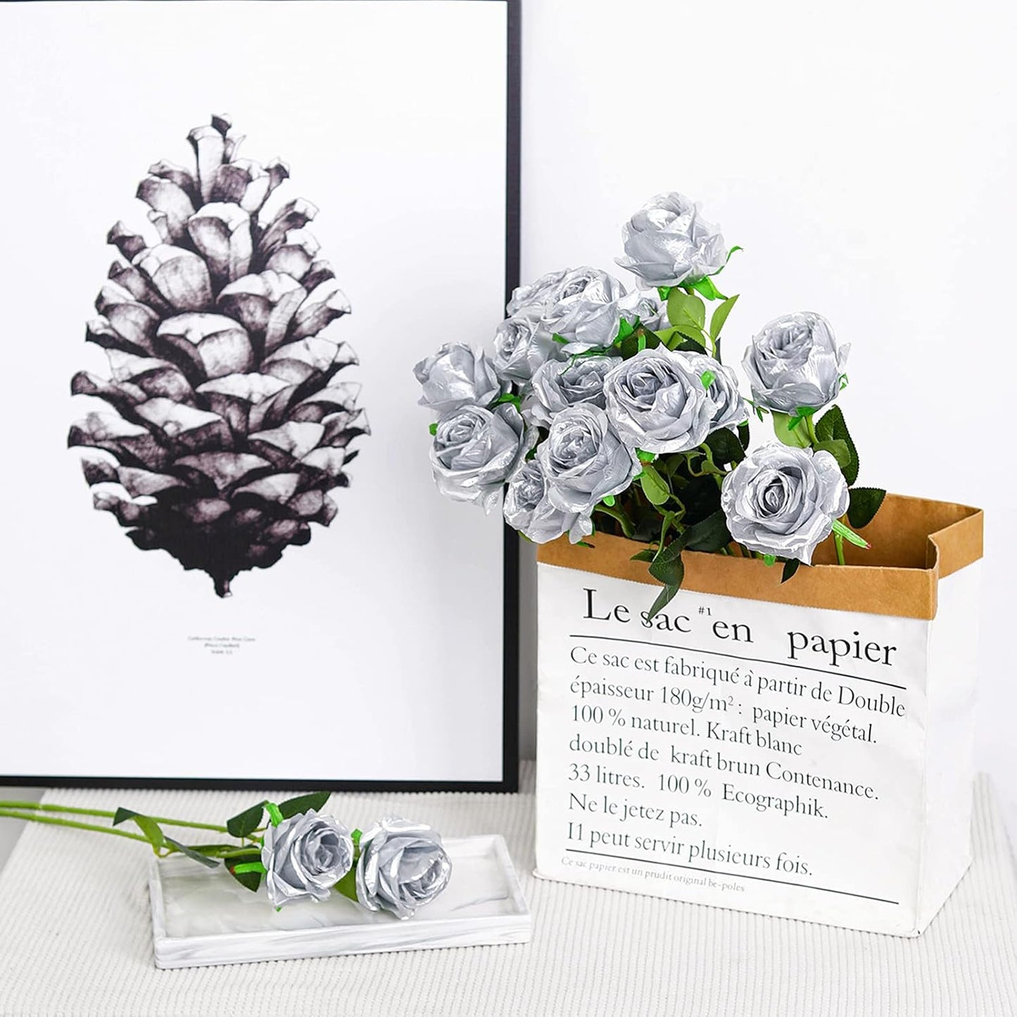 Hawesome 12PCS Artificial Silk Flowers Realistic Roses Bouquet Long Stem for Home Wedding Decoration Party (Silver 1)