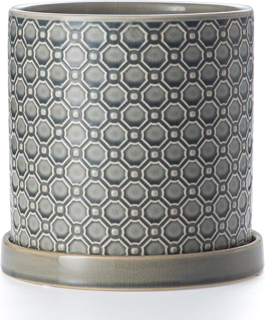 8 Inch Plant Pot: Ceramic Planter with Drainage Hole & Saucer Indoor Outdoor Plants - Cylinder Round Flower Pot for Home Office - Modern Decorative - Medium Grey