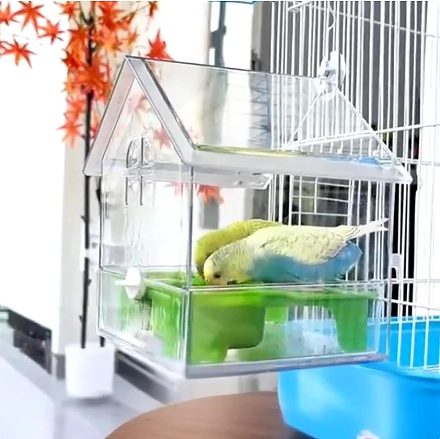Ziveseller/Sowhathow Pull-Out External Parrot Feeder, Parrot Feeder Parakeet House Bird Bath Transparent Dish Water, Hanging Wild Bird Seed with Squirrel Proof Tray (Mix*2)