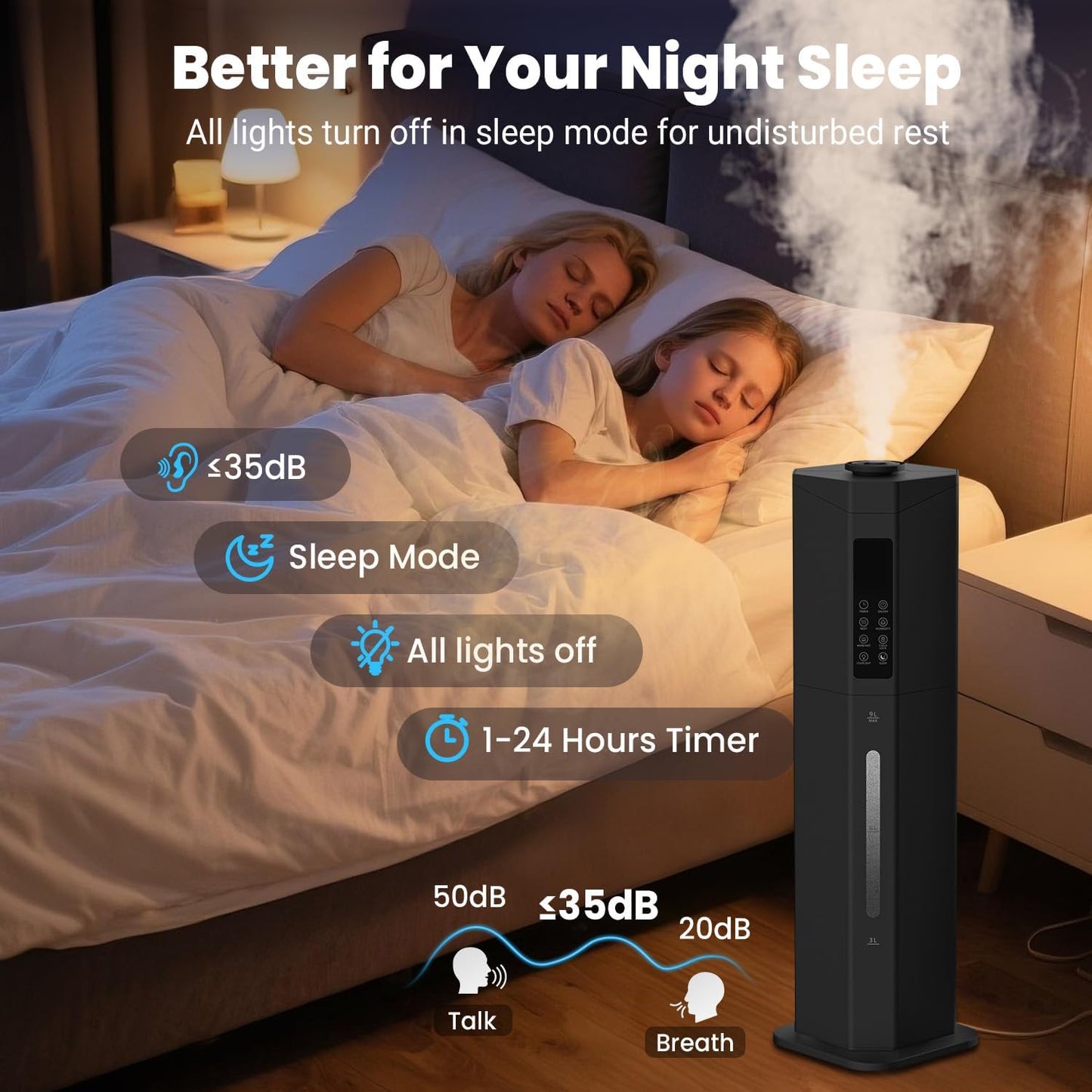 Humidifiers for Bedroom - GloryAir 2.38Gal/9L Top Fill Warm & Cool Mist Humidifier for Large Room 750ft² with Auto Mode 7-Color Light, Humidistat, Quiet Humidifier for Plants Baby Adults Home & Office