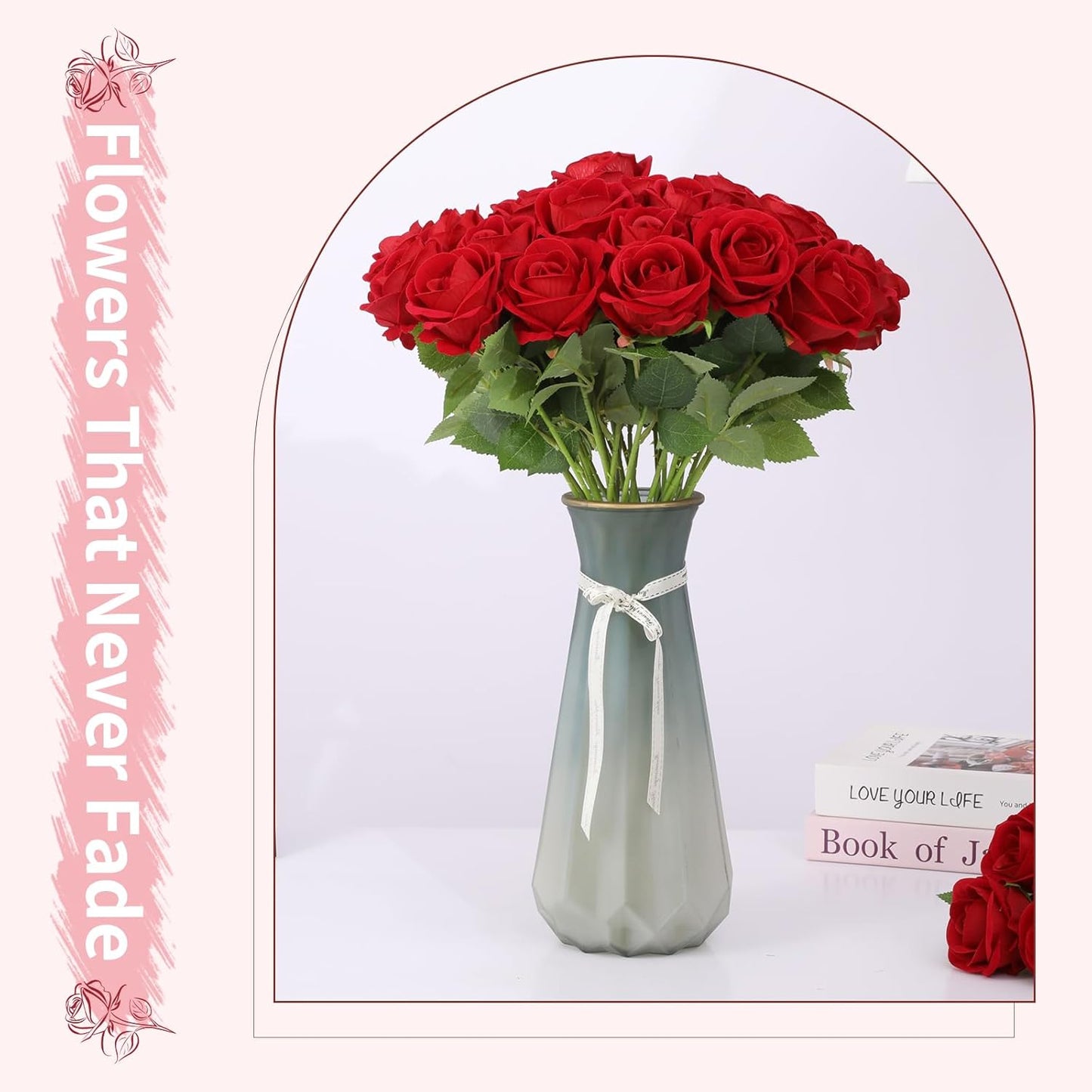 55 PCS Fake Roses Artificial Flowers Bulk, Red Roses Bridal Bouquet Silk Faux Rose with Stems for Wedding Flowers Decoration, Valentine's Day, Bridal Bouquet, Anniversary,Home Decor (55PCS, Red)
