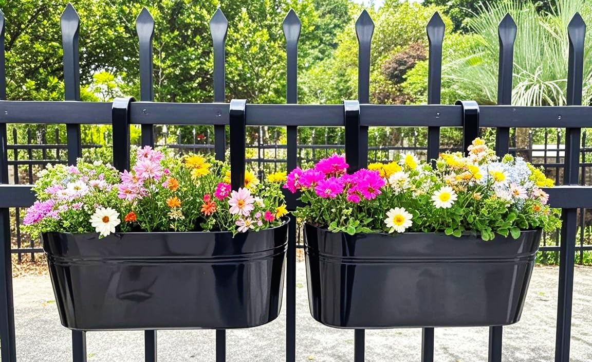 Hanging Planters for Outdoor Plants, 17" Railing Planter Pots, Metal Fence Flower Pot for Porch Balcony with Detachable Hook (Black, Pack of 6)