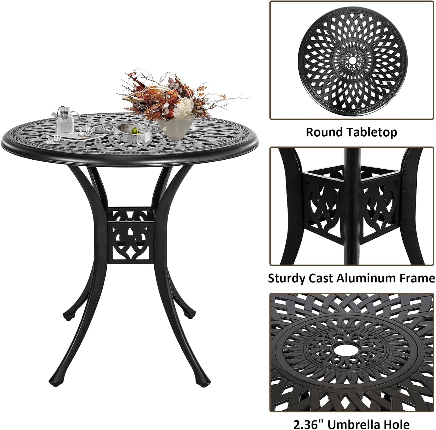 Outdoor Bistro Set 3 Piece, All Weather Bistro Table and Chairs Set, Cast Aluminum Patio Bistro Sets with 2.36" Umbrella Hole, Patio Furniture Set for Garden Porch
