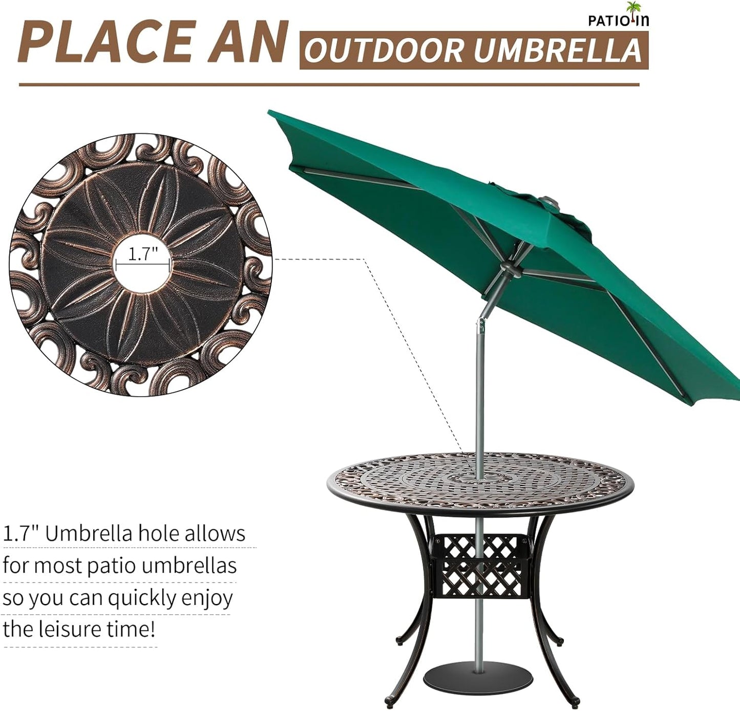 5 Piece Outdoor Patio Dining Set, All-Weather Cast Aluminum Table and Chairs Set of 4, Bistro Set Outdoor with Umbrella Hole for Garden, Porch