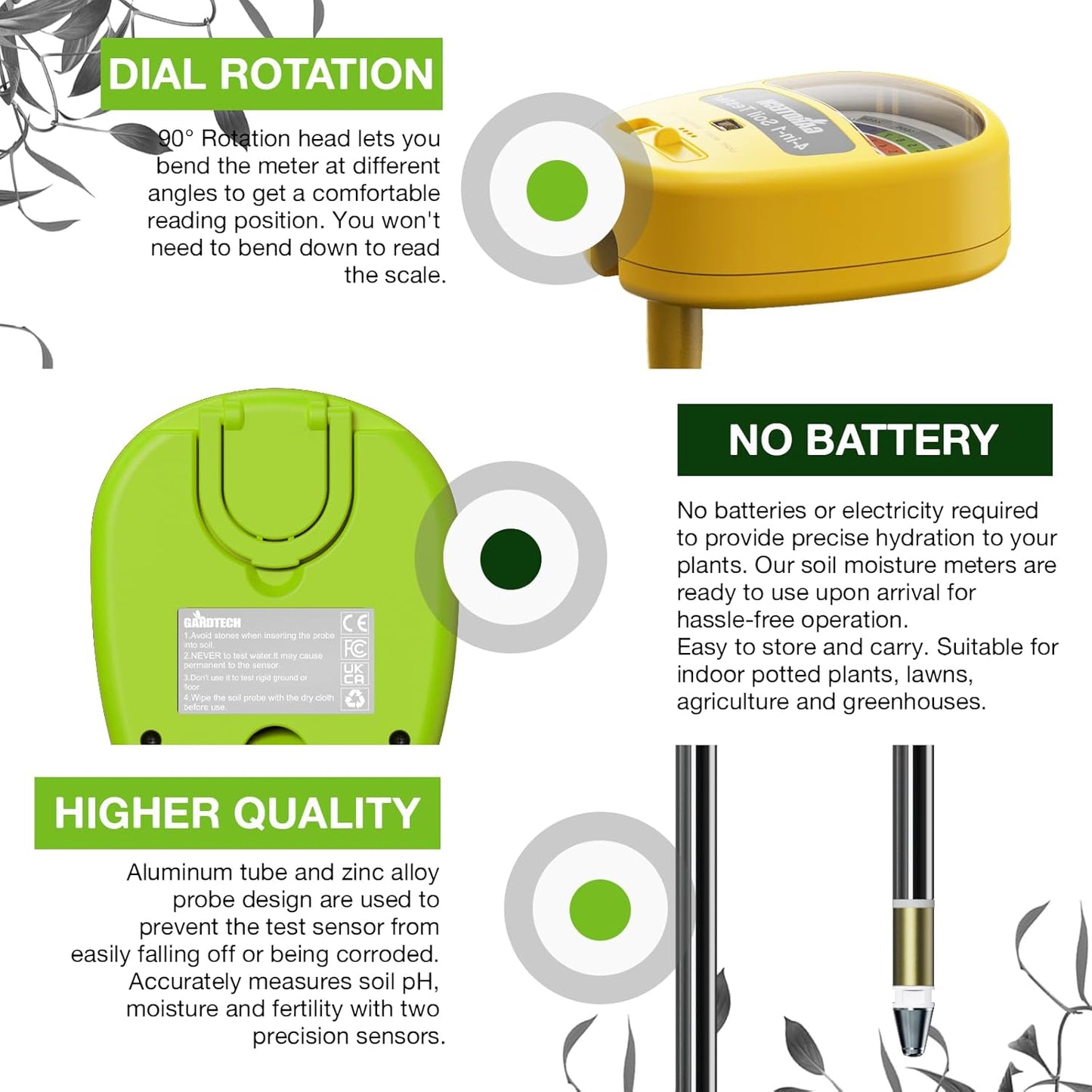 Gardtech Soil Moisture Meter - 4-in-1 Soil Test Kit Without Battery, Soil Moisture/Light/Nutrients/pH Meter for Plant, Garden, Lawn, Indoor & Outdoor (White)