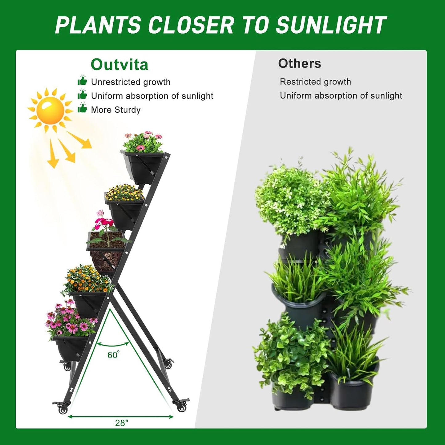 Outvita 4.4 FT Vertical Garden Bed, 5 Tier Vertical Raised Planter, Removable Black Raised Bed Box with 4 Wheels, Movable Elevated Vegetable Flower Planter for Patio Yard Indoor Outdoor