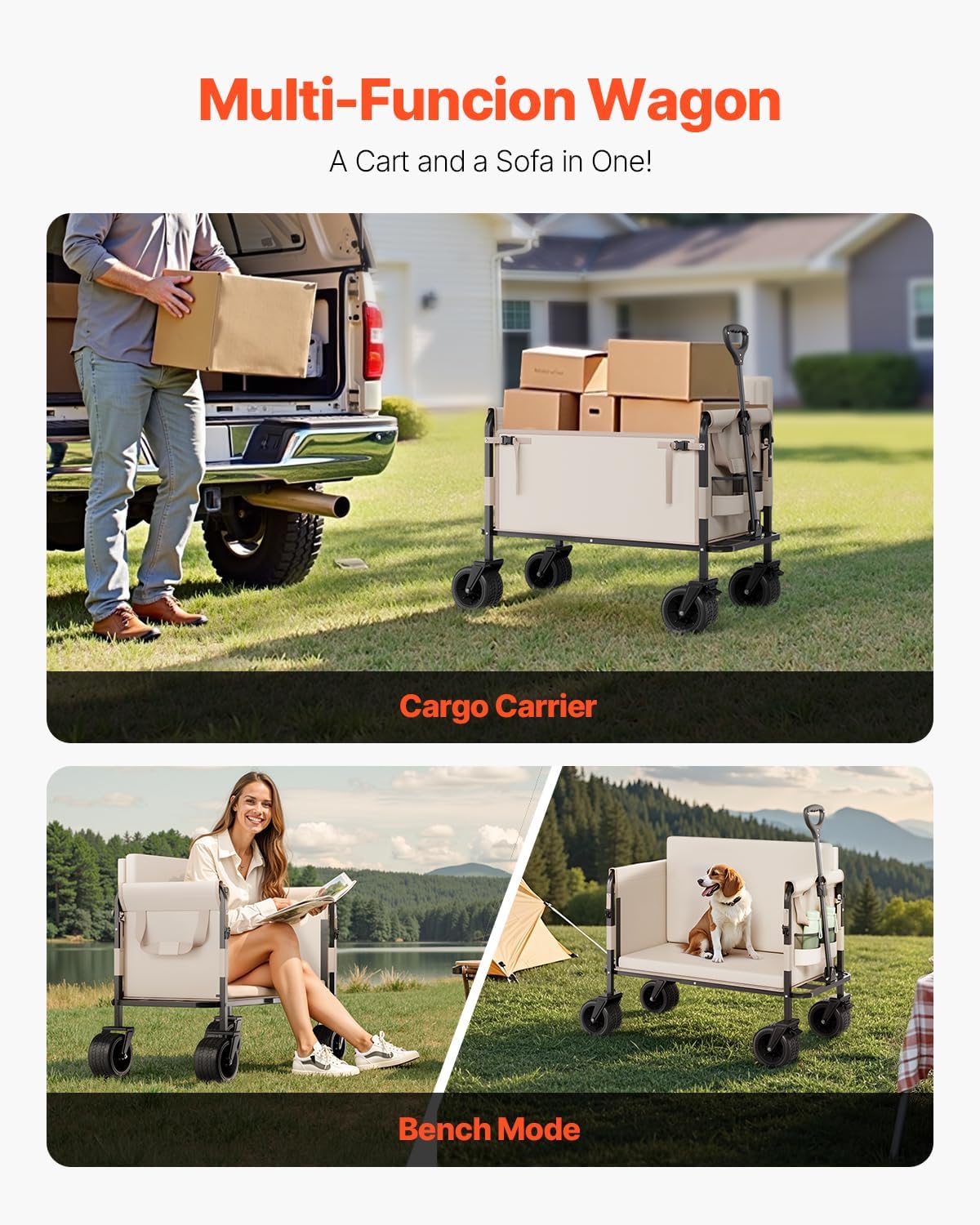 VEVOR 3-in-1 550lbs/220L Large Collapsible Folding Wagon, Convert to Bench, Foldable Beach Wagon with Wheels for Sand, Outdoor Utility Wagon for Groceries, Camping, Sports, Shopping