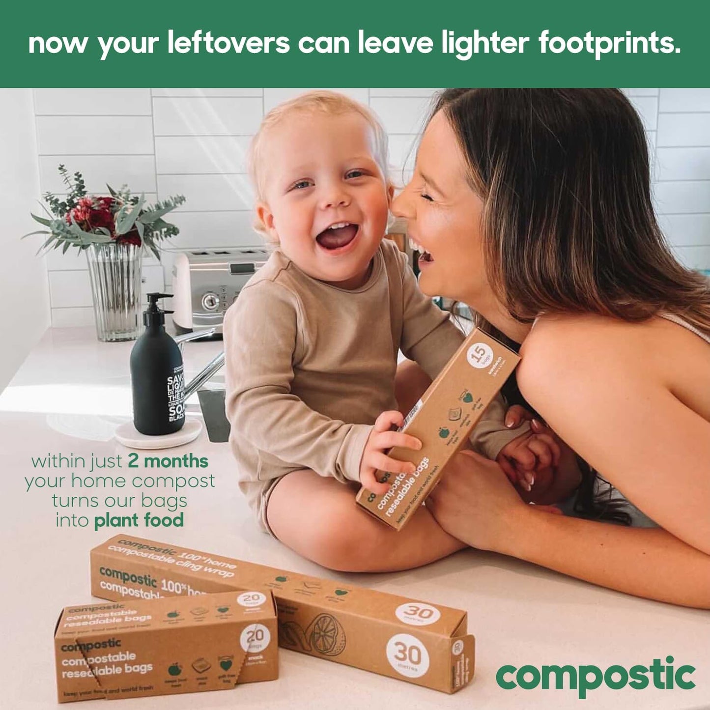 Home Compostable Resealable Snack Bags (6"x 3.5"), Microwave & Freezer Safe, Organic Food Storage Container, 30 Count (Pack of 2)