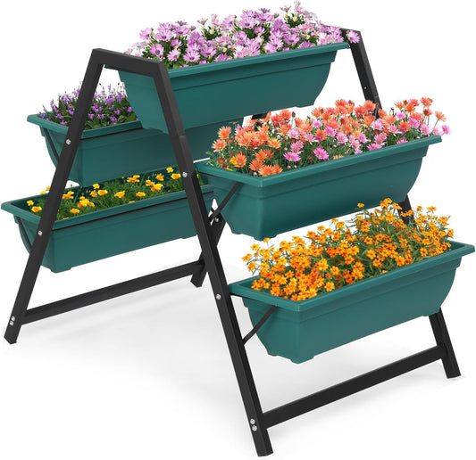 Outvita Green Raised Garden Planter Bed, Tiered Planter Stand with 5 Boxes, Vertical Raised Garden Bed for Herbs, Flowers, Vegetables in Patio Balcony Indoor Outdoor