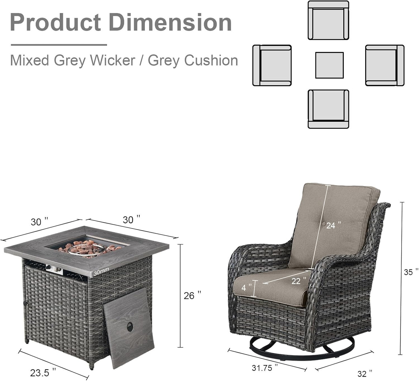 5 Pieces Patio Wicker Furniture Set - 4 Outdoor Swivel Rocker Glider Chairs with 50000BTU Propane Fire Pit Table, Patio Conversation Set Blue Cushion Perfect for Casual Gathering