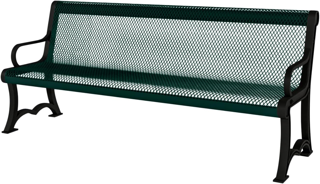 Coated Outdoor Furniture Heavy-Duty Outdoor Bench Thermoplastic Coated, Expanded Metal, Commercial-Grade Garden Bench, Made in America (Portable with Back, 4 Ft, Dark Green)