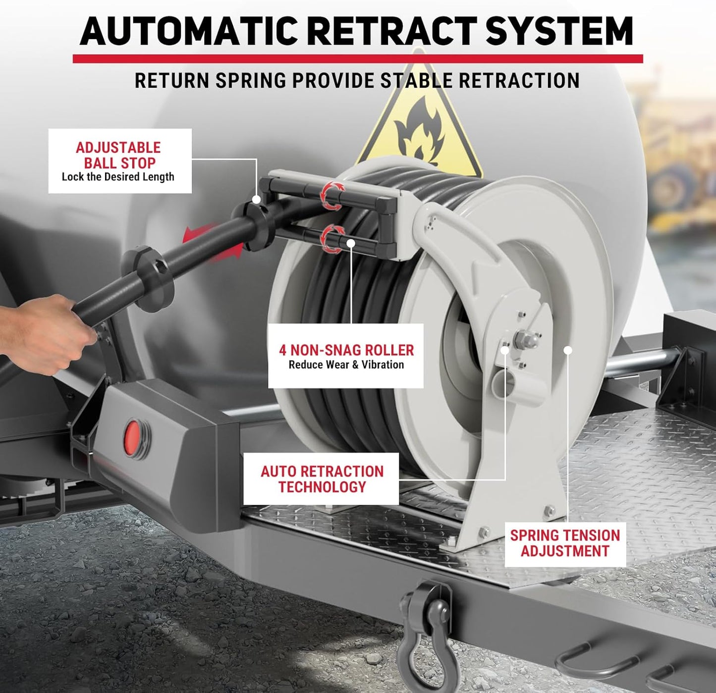 Fuel Hose Reel 1" x 33', 300 PSI Heavy-duty Steel Construction with Refueling Nozzle, Diesel Fuel Reel Used for Aircraft Ship Vehicle Tanker Truck
