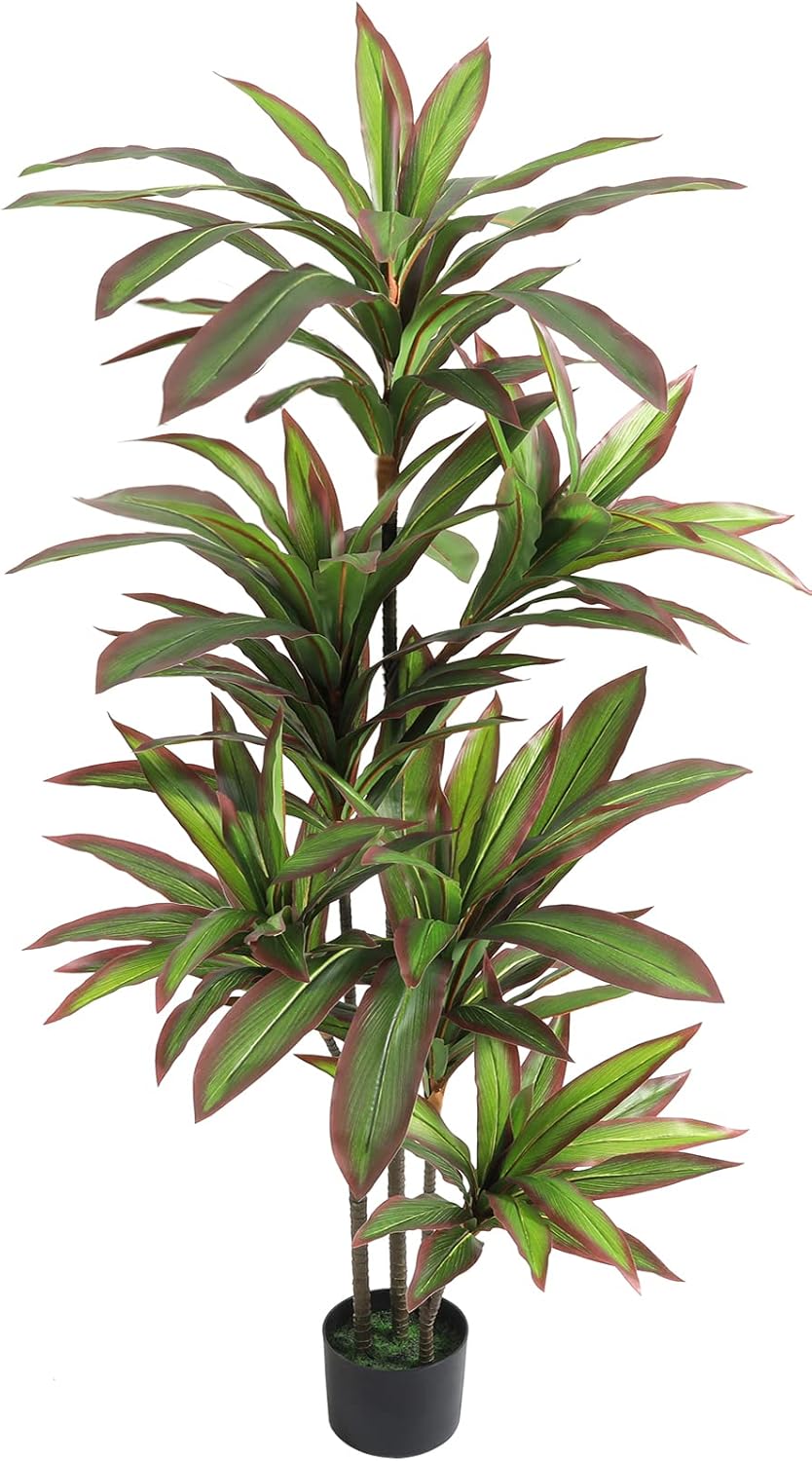 VIAGDO Dracaena Silk Plant Artificial 5ft Faux House Plants with Red Leaf Margin Fake Yucca Palm Trees in Pot Realistic Dragon Tree for Living Room Home Office Decor Indoor Outdoor