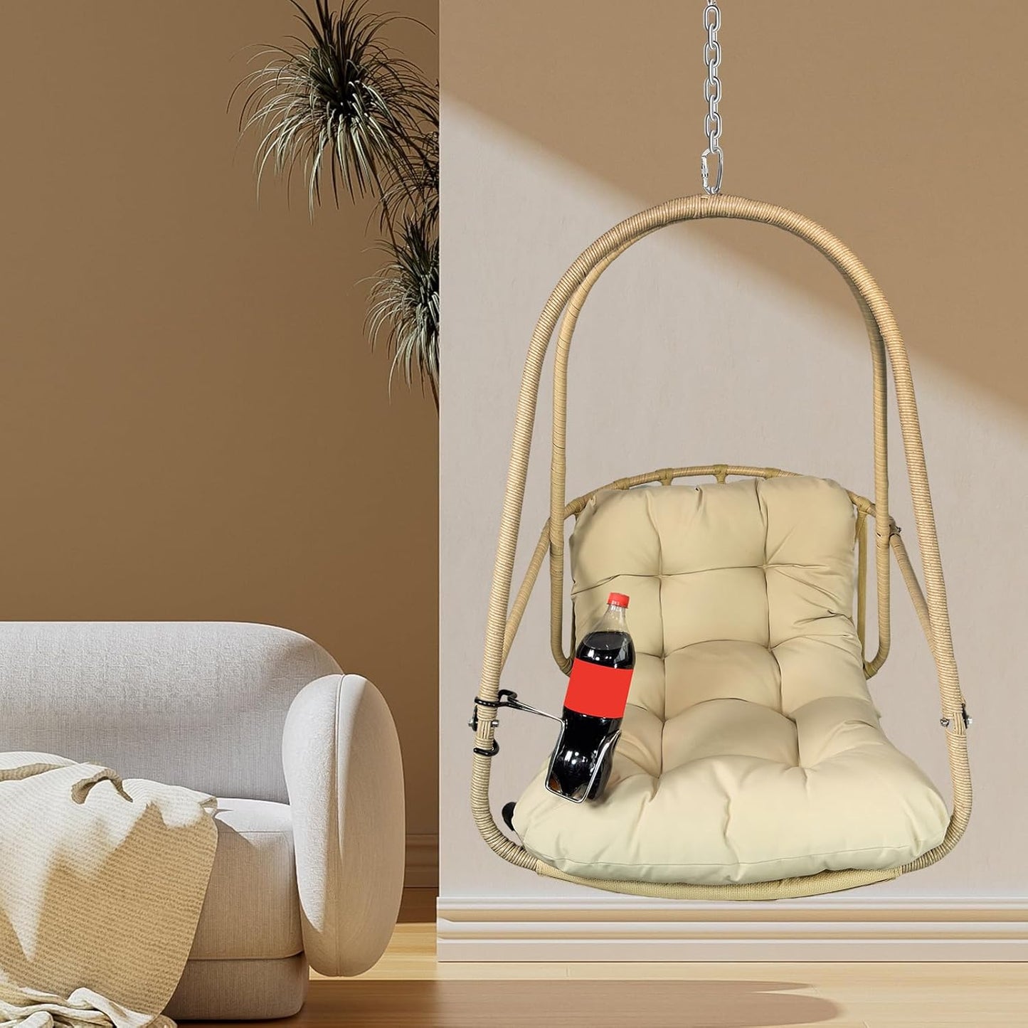 JESE Swing Egg Chair Without Stand Foldable Frame Hanging Chairs for Indoor Outside,with UV Resistant Waterproof Cushion&Cup Holder,Swing Hammock Chair for Patio,Bedroom,Balcony,Garden,Backyard,Khaki