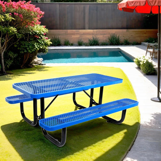 6 ft. Rectangular Outdoor Steel Picnic Table with Umbrella Pole, Heavy-Duty Weather-Resistant Dining Table for Patio, Backyard, and Garden, Rust-Resistant Finish, Blue