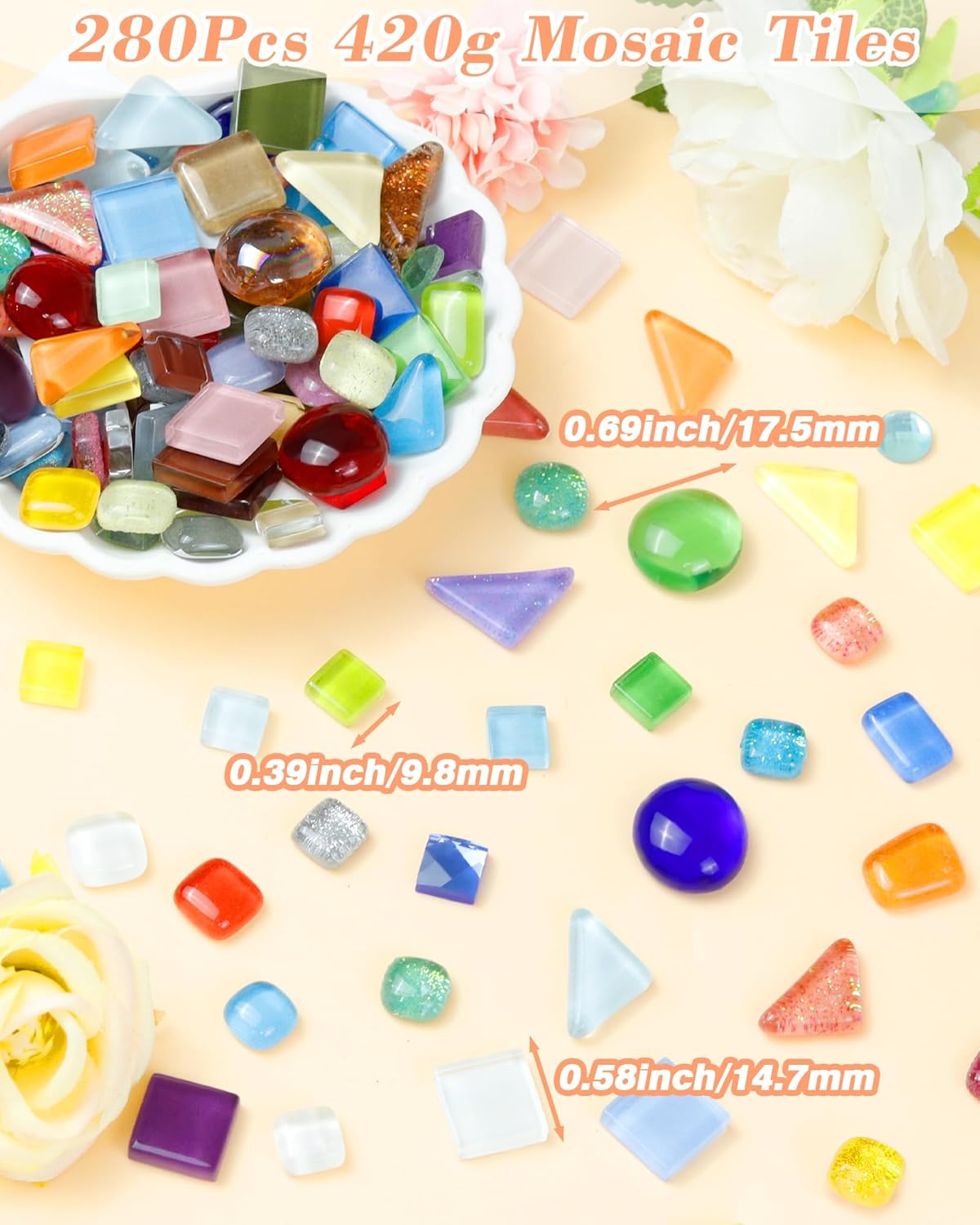 FIVEIZERO 420g Mosaic Tiles for Crafts - 280Pcs Glass Mosaic Kits, Mixed Shapes Mosaic Glass Pieces for Art, Irregular Tiny Mosaic Tile for DIY Projects, Home Decoration(Yellow)