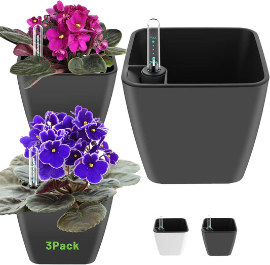 Self Watering Planters for Indoor Plants 5 inch 3 Pack Grey Planter with Water Level Indicator African Violet pots