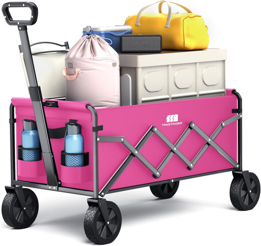 Collapsible Folding Wagon, Heavy Duty Pink Foldable Wagon Cart with Wheel, Lightweight Utility Grocery Cart with 200lbs Weight Capacity for Garden, Beach, Camping Sports, Fishing