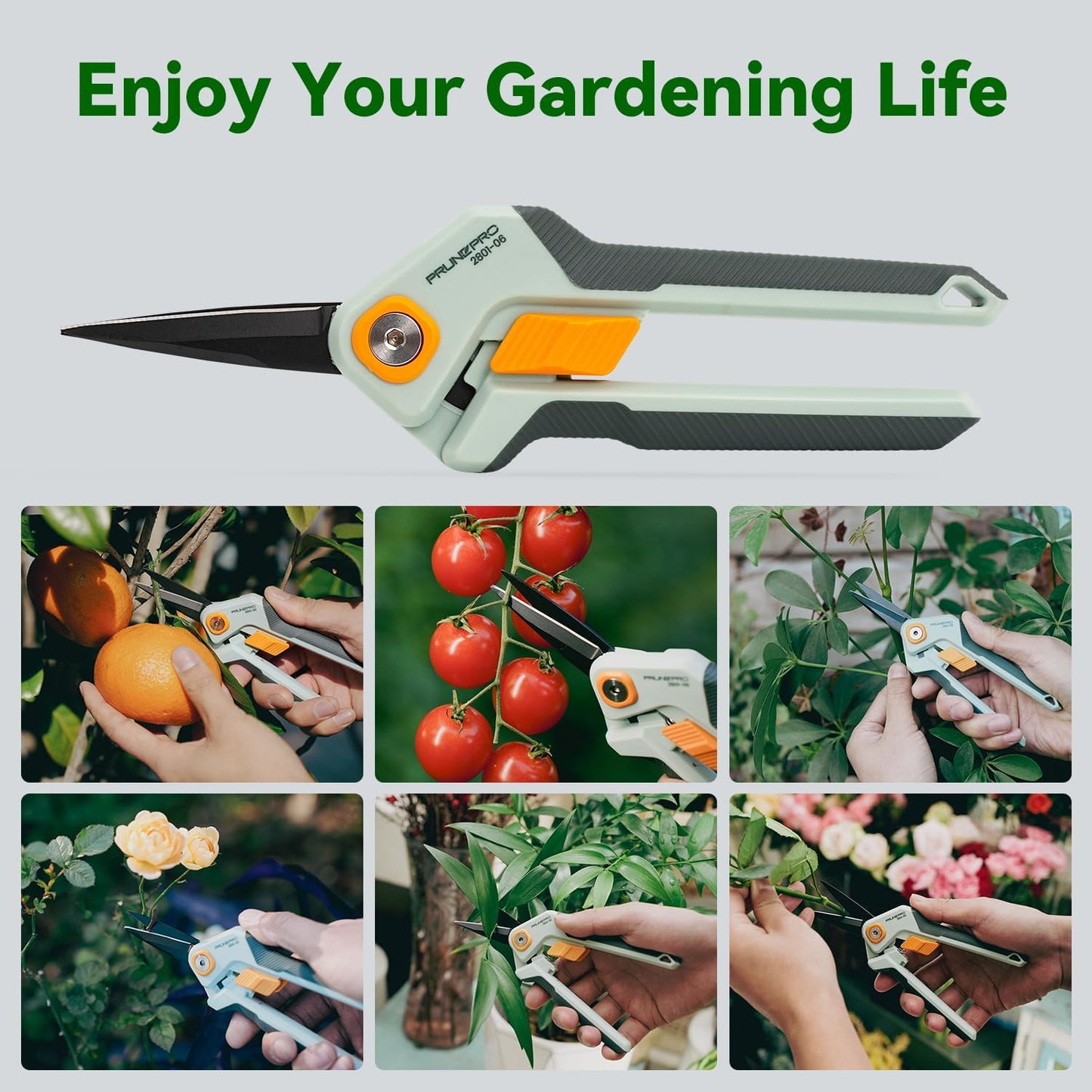 PrunePro Garden Scissors Pruning Shears Sharp Stainless Steel Non-Stick Teflon Coating Blade for Precise Cuts Garden Snip Bonsai Clippers for Plants Rose Flower Green & Orange