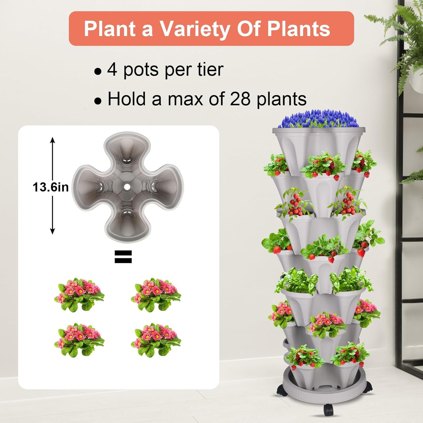 DUNCHATY Stackable Vertical Garden Planter, 7 Tier Herb Planter Pots, Indoor/Outdoor, Gray