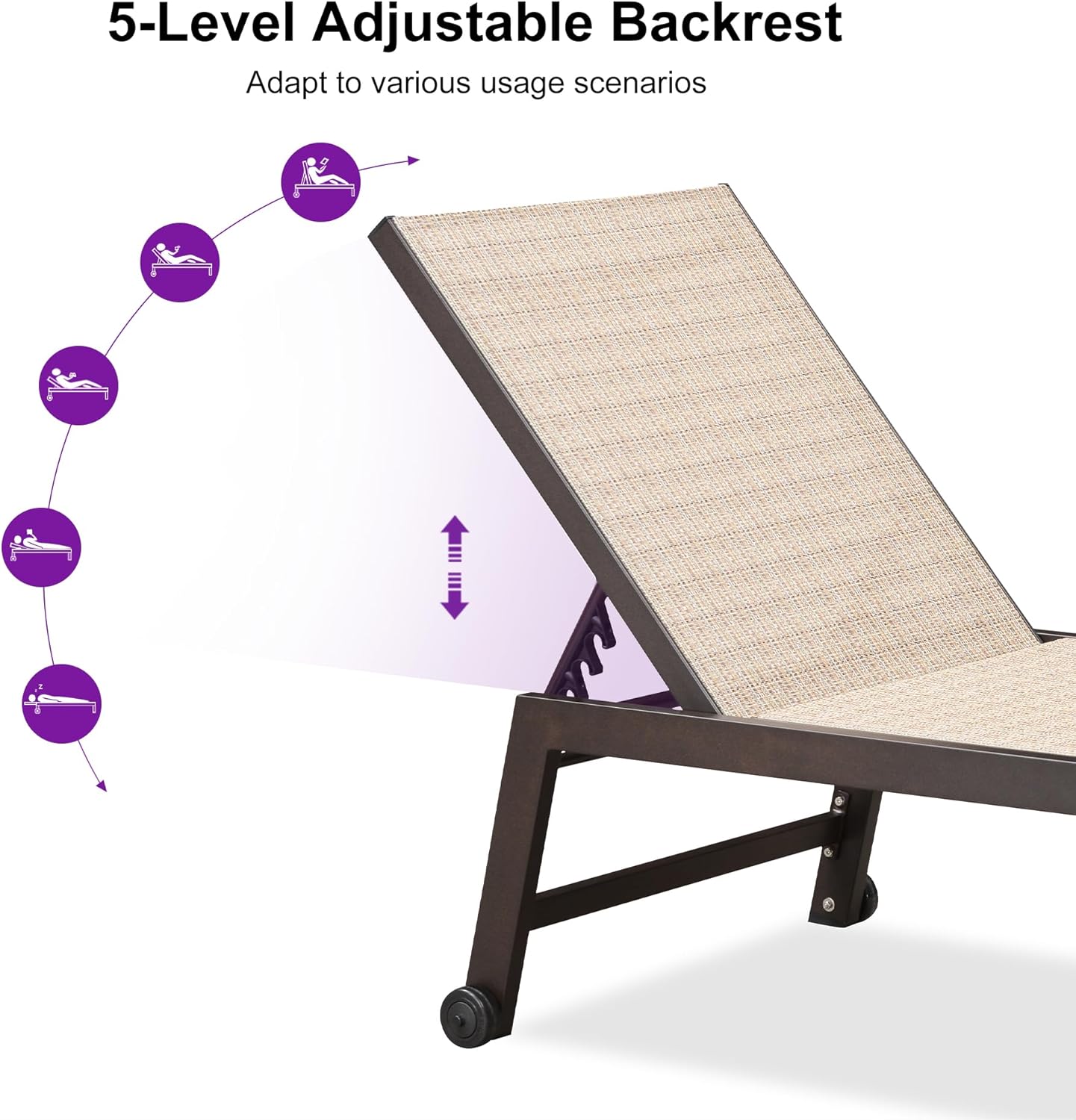 PURPLE LEAF Oversized Patio Lounge Chairs Set of 3, Reclining Pool Lounge Chairs with Side Table and Wheels for All Weather for Outdoor, Deck, Lawn, Aluminum Outside Pool, Light Tan