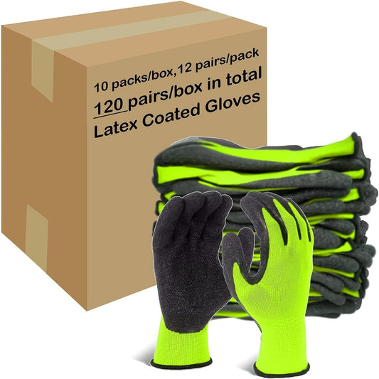Evridwear Crinkle Latex Rubber Hand Coated Safety Work Gloves for Men Women General Multi Use Construction Warehouse Gardening Assembly Landscaping (XL-Size) Lime 120 Pairs Pack