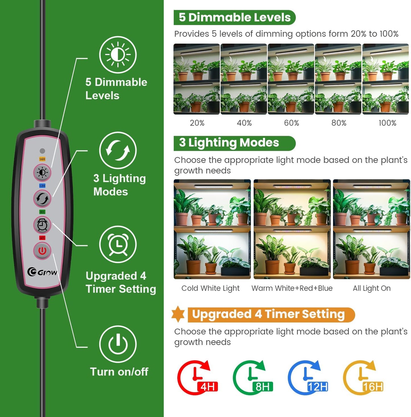Wolezek Grow Lights for Indoor Plants, 210 LEDs Full Spectrum Plant Grow Light Strips with Upgared 4/8/12/16H Auto Timer, 13.8 Inches Bright Grow Lamp Bar for Plant Shelves and Cabinet, 2 Pack