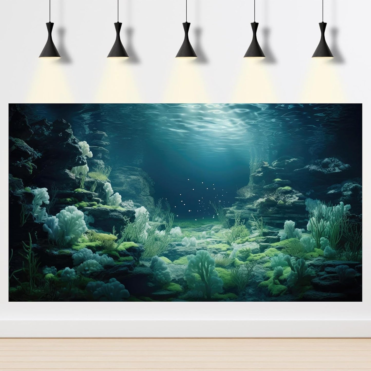 Aquarium Background Underwater Bioluminescent Life Coral Terrarium Backdrop White Coral Lush Moss Fish Tank Background Rock Sunlight Rays Tank Aquarium Wallpaper Poster Vinyl 72x24in